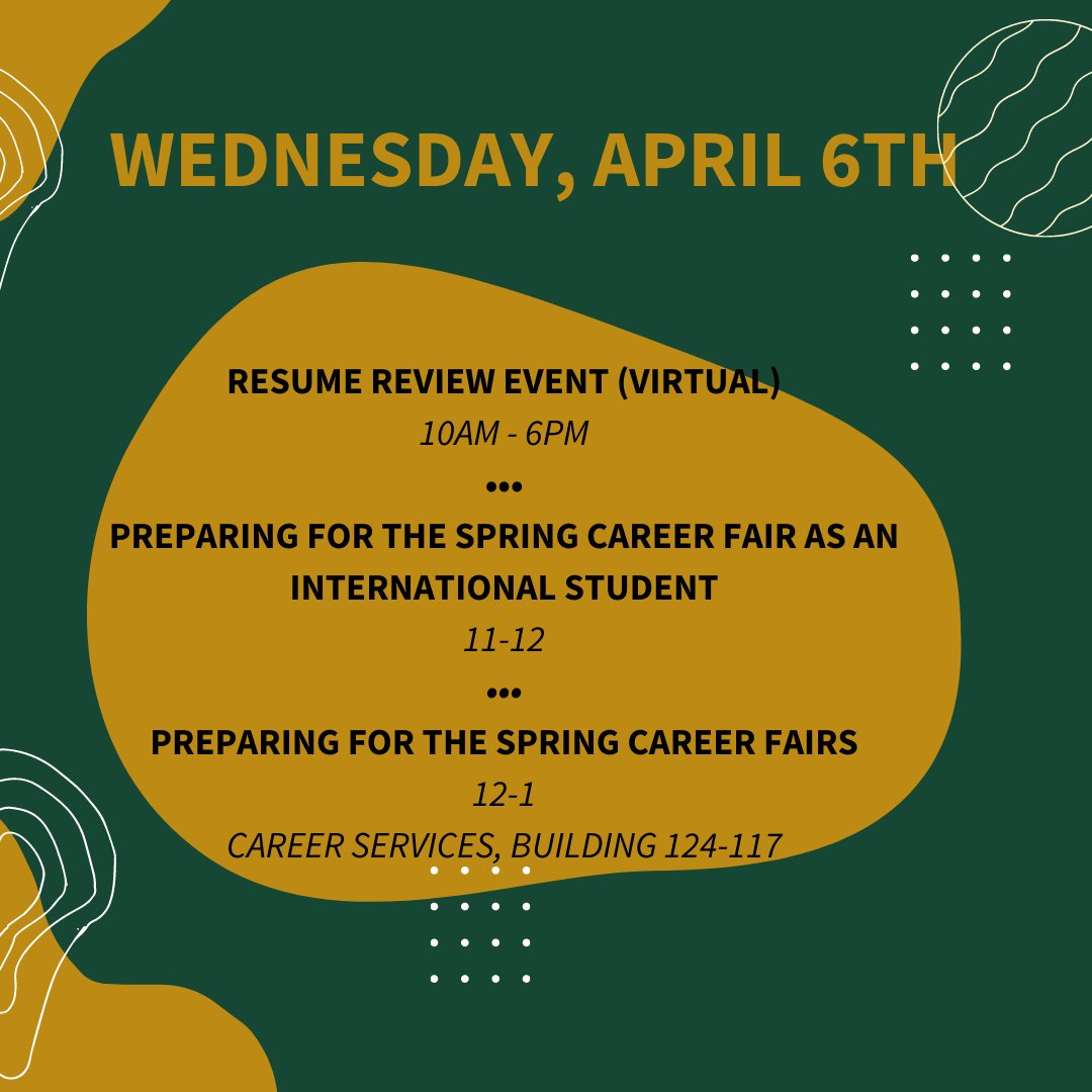 Good morning Mustangs! Here are the events happening today and tomorrow! Please visit our website for more information or stop by the Career Services building if you have any questions. We look forward to seeing you at these events!