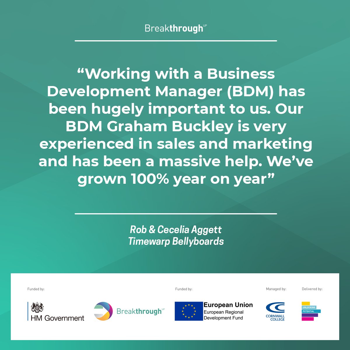 AskBreakthrough's tweet photo. Shout out to Breakthrough clients Timewarp Bellyboards based in Portreath for these kind words. Our BDM and marketing expert, Graham Buckley, worked with Rob and Cecelia to achieve their business goals. https://t.co/j7Qng2OSRG