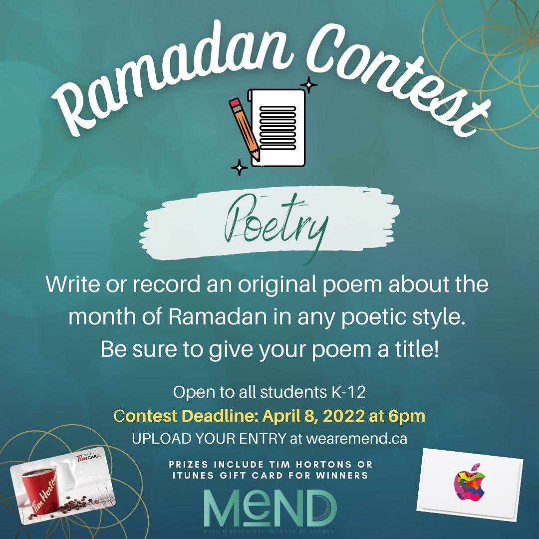 MEND (@mend_ddsb) on Twitter photo Ramadan Poetry Contest Closes this Friday! Open to all DDSB students - submit your entry here! wearemend.ca/copy-of-ramada… <a href="/DDSBSchools/">Durham District School Board (DDSB)</a> <a href="/ParentsDDSB/">Parents DurhamDSB</a> <a href="/equity_DDSB/">Equity_DDSB</a> Ramadan Poetry Contest Closes this Friday! Open to all DDSB students - submit your entry here! wearemend.ca/copy-of-ramada… <a href="/DDSBSchools/">Durham District School Board (DDSB)</a> <a href="/ParentsDDSB/">Parents DurhamDSB</a> <a href="/equity_DDSB/">Equity_DDSB</a>
