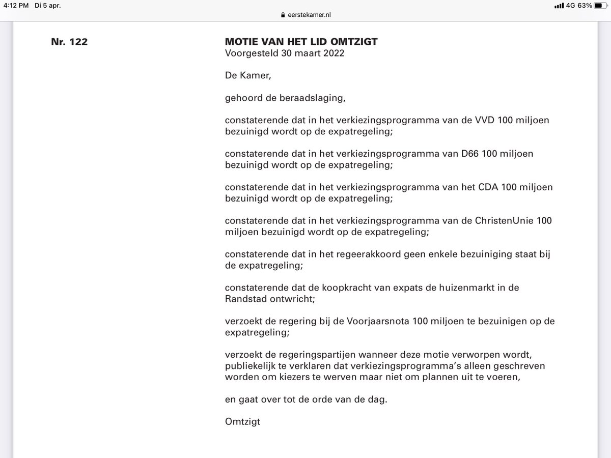 Vrij bizar dit: 
VVD, CDA, D66 en CU bezuinigen allemaal 100 miljoen op de expat regeling.  Maar ze doen het niet

Motie: doe wat je voor de verkiezing beloofde en bezuinig die 100 miljoen

VVD, CDA, D66 en CU: stemmen tegen
Alle andere partijen: voor

- 1-