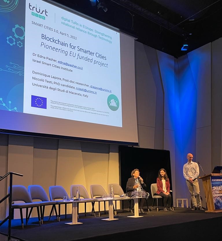 Today Dr Edna Pasher <a href="/ednapasher/">Edna Pasher</a> of Edna Pasher PhD &amp; Associates, together with Dominique Lepore and Niccolò Testi of the University of Macerata, presented the TRUST project and their research on #smartcity and #blockchain at the Conference on Smart Cities 3.0 in Tel Aviv.