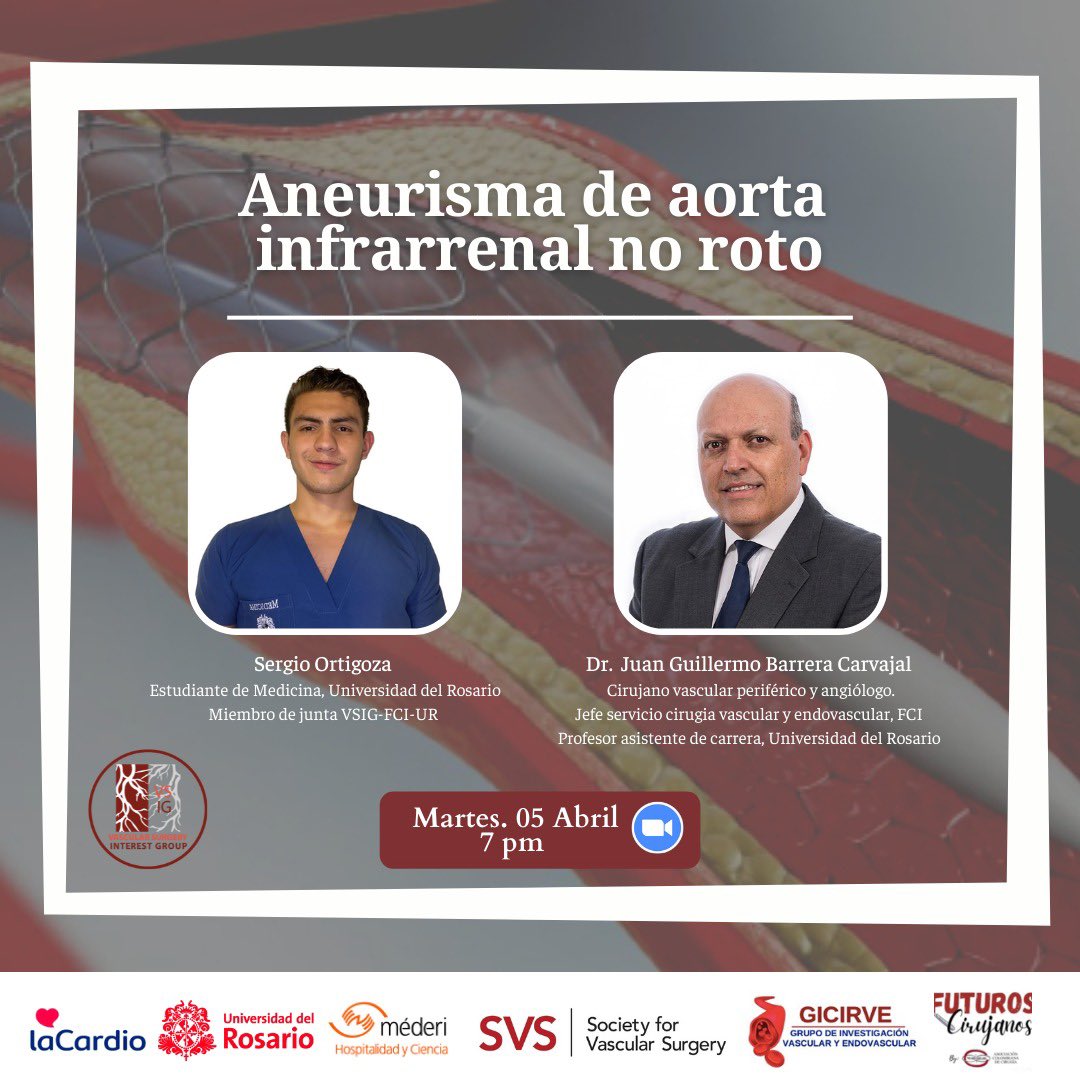 FciVsig's tweet photo. ¡Buenos días a todos!  Espero se encuentren muy bien. El día de hoy los invitamos a la ponencia académica titulado *”Aneurisma de aorta infrarrenal no roto”* a cargo de Sergio Ortigoza. Link en bio 📍📝 https://t.co/AEmsWapWpr