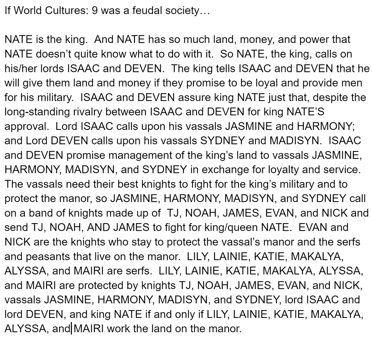 KimpelLillian's tweet photo. Looking for a scenario that describes the Feudal System of the Middle Ages? I created this scenario and inserted my students' names and they LOVED it!  Try it out and let me know how it goes. #sschat #historychat #gccedu https://t.co/nlZUU8RUre