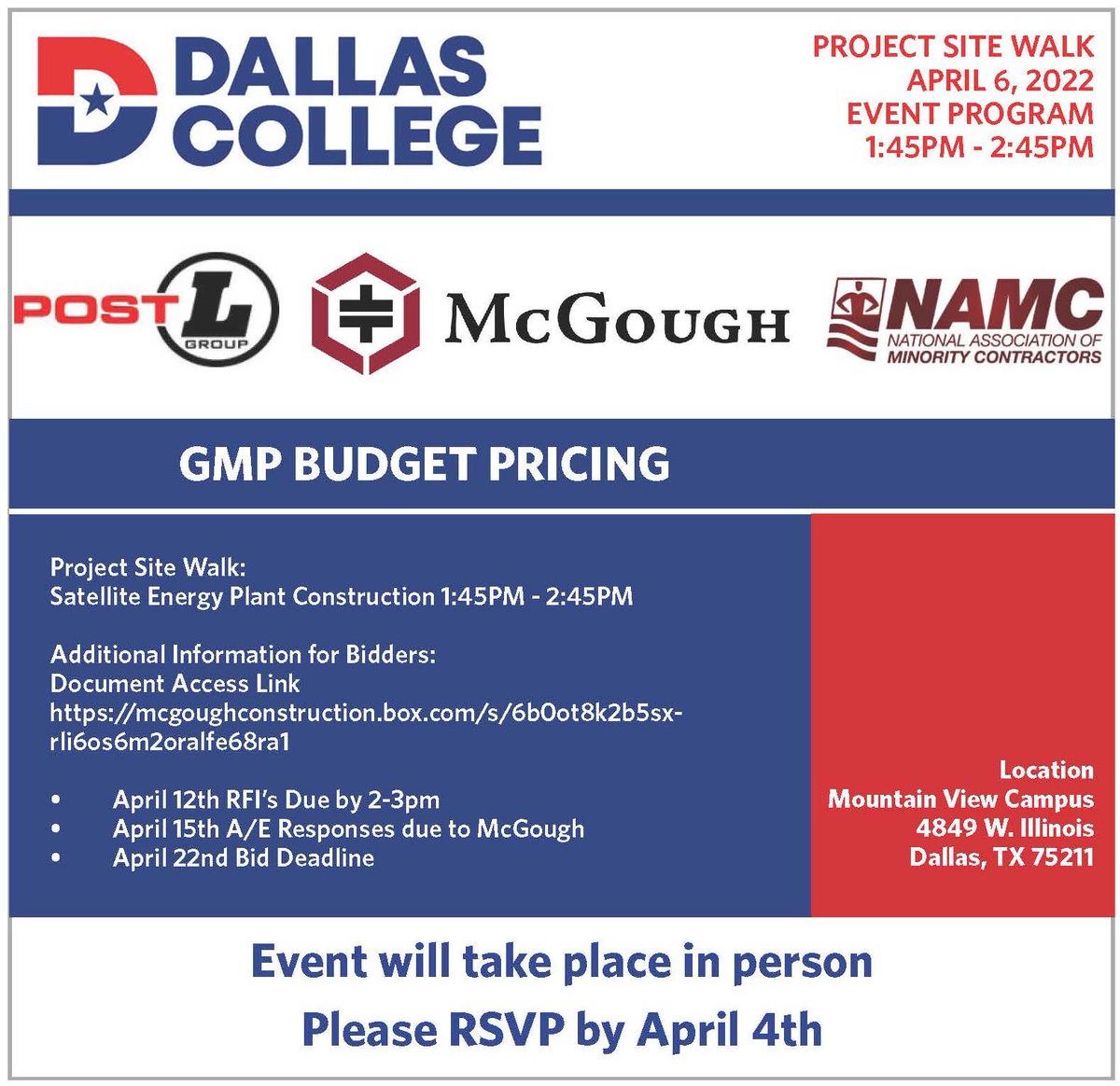 DFWRHCA's tweet image. Join us tomorrow for a Project Site Walk for the Satellite Energy Plant Construction at 1:45 PM! For more information and RSVP please contact raul.gandarillas@mcgough.com. #Construction #Contractors @PostLGroup @McGoughCompany @namctexas @dallascollegetx
