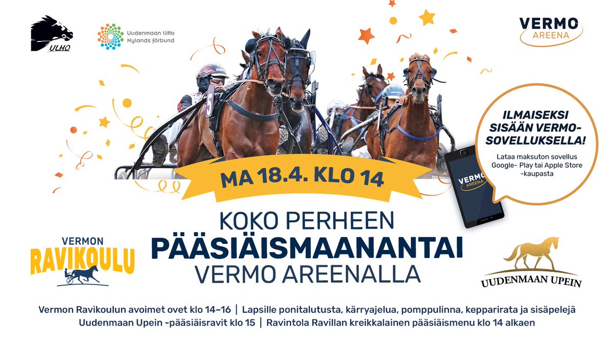 Pääsiäismaanantain 18.4. oheissarjojen palkintoja on korotettu ja kylmäverisille lisätty yksi sarja. Koko perheen tapahtumassa on luvassa mm. <a href="/VermonRavikoulu/">Vermon Ravikoulu</a> avoimet ovet klo 14 alkaen. <a href="/totopelit/">Toto-pelit</a> järjestää T64-jackpotkierroksen. Lue lisää: vermo.fi/vermo-areena/a… #ravit
