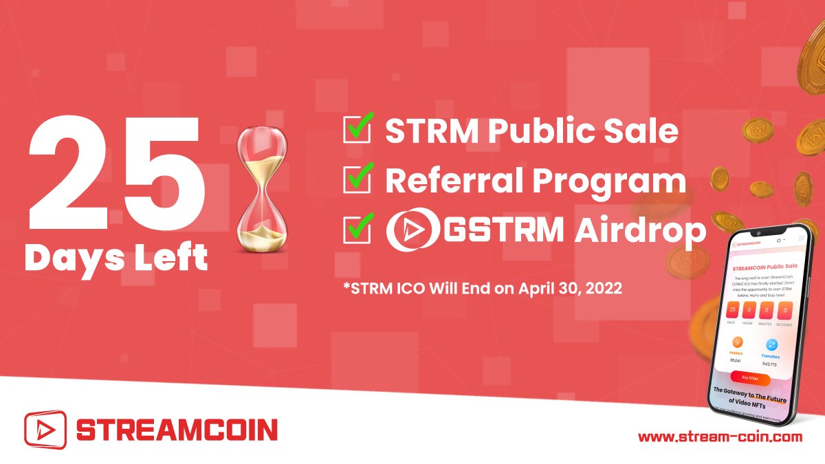 streamcoin_strm's tweet photo. 🎉 Less than 25 DAYS remain!

💰 Invest $50 or more in the ICO to join the #referralprogram &amp; the #airdrop event. The #referralprogram gets you 100% $STRM rewards for every purchase made by your referrals, while the airdrop qualifies you to get 5 $GSTRM for each $STRM you own. https://t.co/4PWWniDGLI
