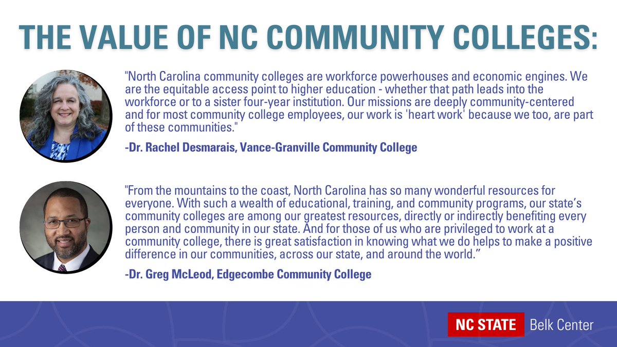 ncstatebelk's tweet photo. The 58 North Carolina community colleges play an integral role to educating thousands of North Carolinians. See what community college presidents Dr. Rachel Desmarais and Dr. Greg McLeod have to say about the value of community colleges.
#nccommunitycolleges #CCMonth https://t.co/w6voofRWXH
