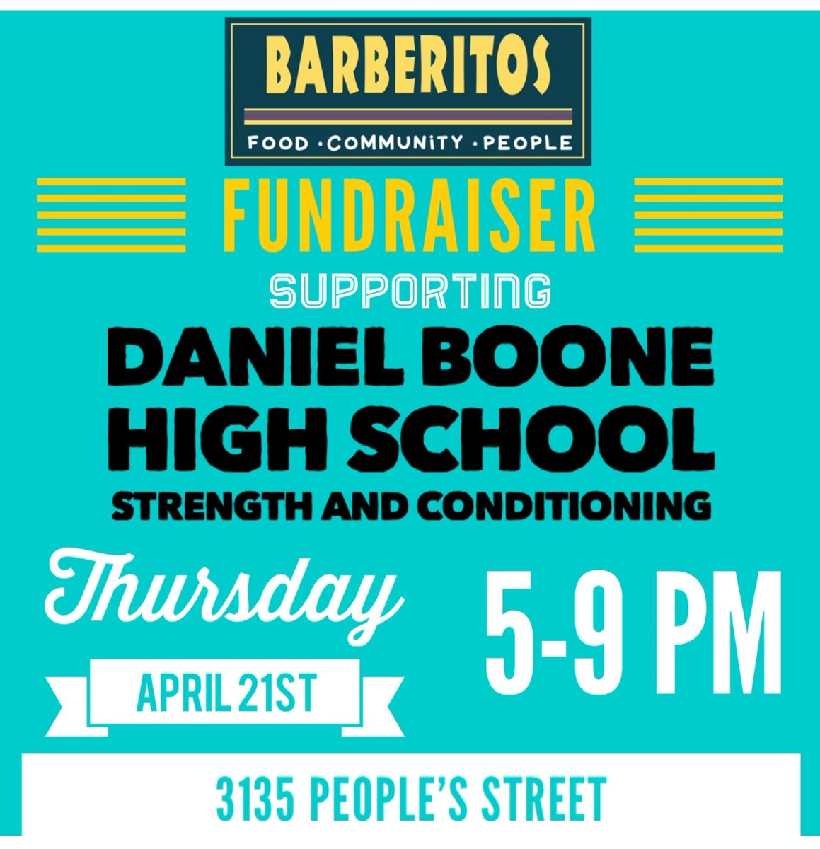 Daniel Boone S&C (@trailblazers_c) on Twitter photo April 21st 5pm-9pm we are having a fundraiser at the Barberitos in Johnson City on Peoples Street. Show them this graphic at the register to let them know you are with Daniel Boone S&C. Come out and support your Trailblazer S&C program! <a href="/BooneAthletics/">Danny Good</a> @boone_principal April 21st 5pm-9pm we are having a fundraiser at the Barberitos in Johnson City on Peoples Street. Show them this graphic at the register to let them know you are with Daniel Boone S&C. Come out and support your Trailblazer S&C program! <a href="/BooneAthletics/">Danny Good</a> @boone_principal