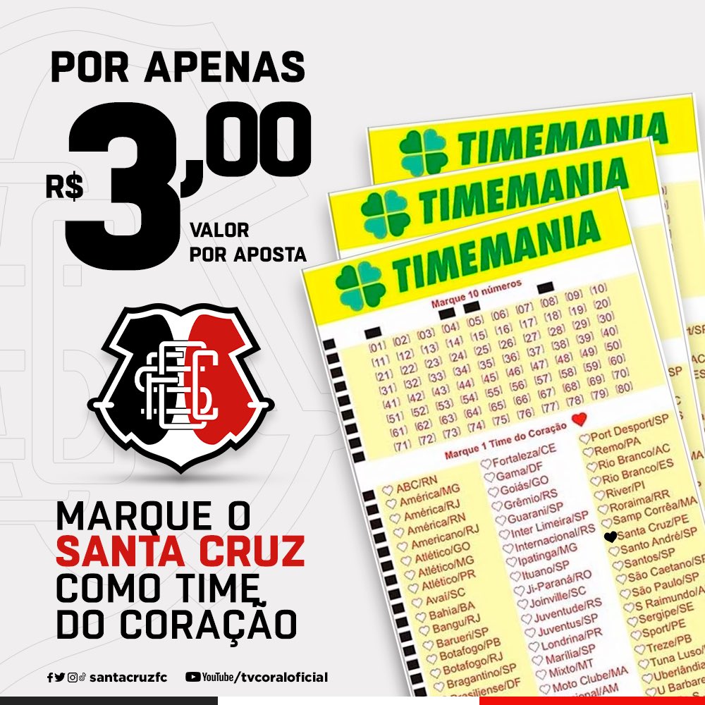 SantaCruzFC's tweet photo. Hoje é de tentar a sorte apostando na #TimeMania. Faça já seu bilhete em uma casa lotérica ou online. Não esquece de marcar o Santa Cruz como time do coração. Boa sorte! 🤞🏻
Online: https://t.co/PtuiEnnO8M
👊🏻⚫️⚪️🔴 https://t.co/HhFMqFnFYv