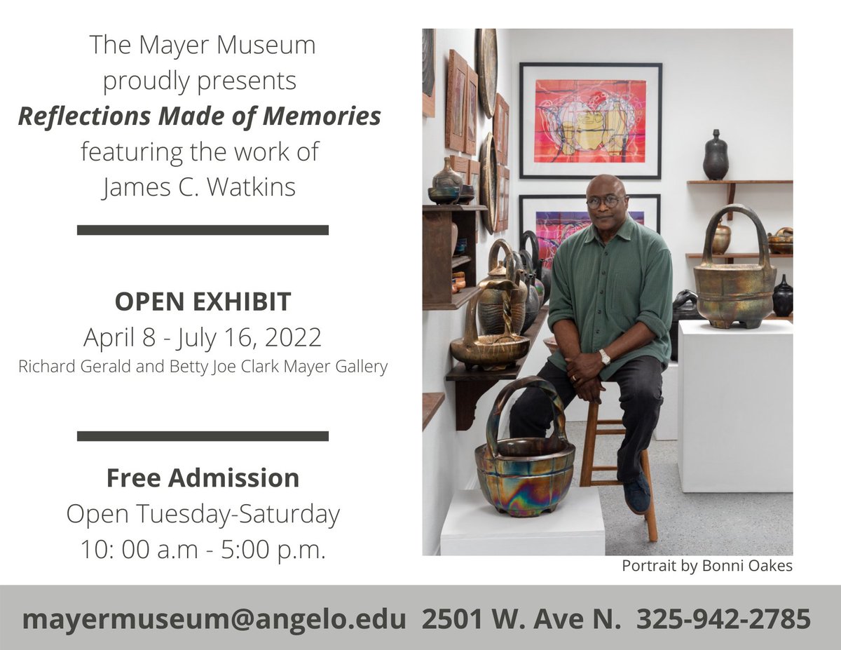 Mayer Museum (@mayermuseum) on Twitter photo The <a href="/AngeloState/">Angelo State</a> Mayer Museum is pleased to announce the opening of a new exhibit on Friday, April 8! "Reflections Made of Memories" is a solo exhibit featuring the work of James C. Watkins.
#ramfam #onlyatangelo The <a href="/AngeloState/">Angelo State</a> Mayer Museum is pleased to announce the opening of a new exhibit on Friday, April 8! "Reflections Made of Memories" is a solo exhibit featuring the work of James C. Watkins.
#ramfam #onlyatangelo
