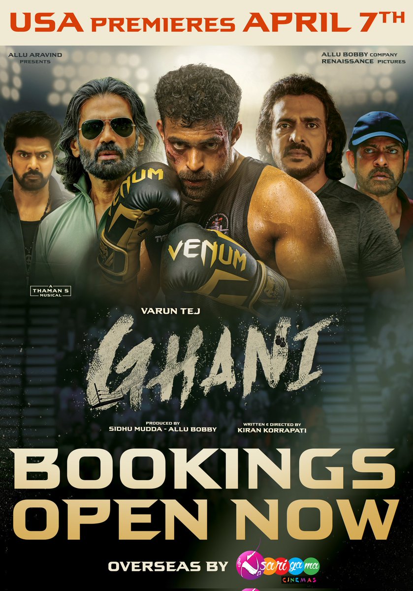 Gear up for the power-packed entertainer Ghani, USA premieres on April 7th . A <a href="/sarigamacinemas/">Sarigama Cinemas</a> overseas release. 💥

🇺🇸USA Bookings open now!

<a href="/IAmVarunTej/">Varun Tej Konidela</a> <a href="/saieemmanjrekar/">Saiee M Manjrekar</a> <a href="/dir_kiran/">kiran korrapati</a> <a href="/MusicThaman/">thaman S</a> <a href="/george_dop/">George C Williams ISC</a> <a href="/sidhu_mudda/">Sidhu</a> <a href="/Bobbyallu/">Allu V</a>