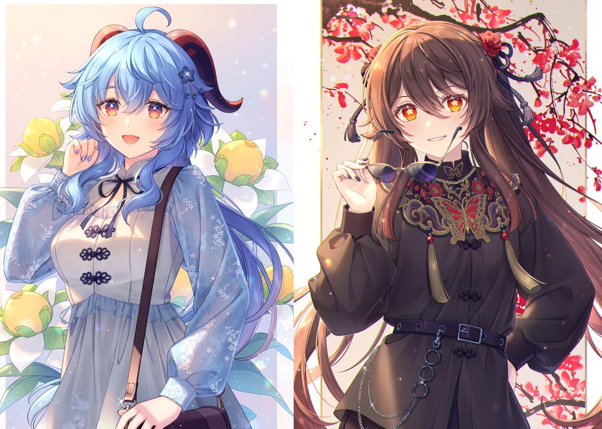 ganyu (genshin impact) ,hu tao (genshin impact) multiple girls 2girls blue hair ahoge long hair horns flower  illustration images
