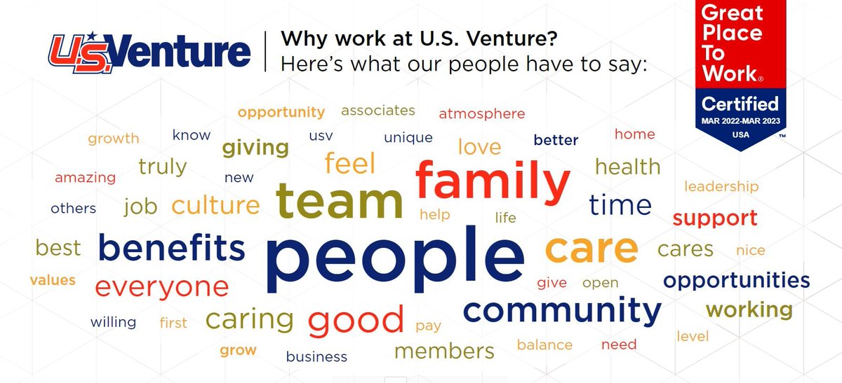 We’re proud to be a 2022 Great Place to Work-Certified™ company! Check out what our team members have to say about working at U.S. Venture! #GPTWcertified