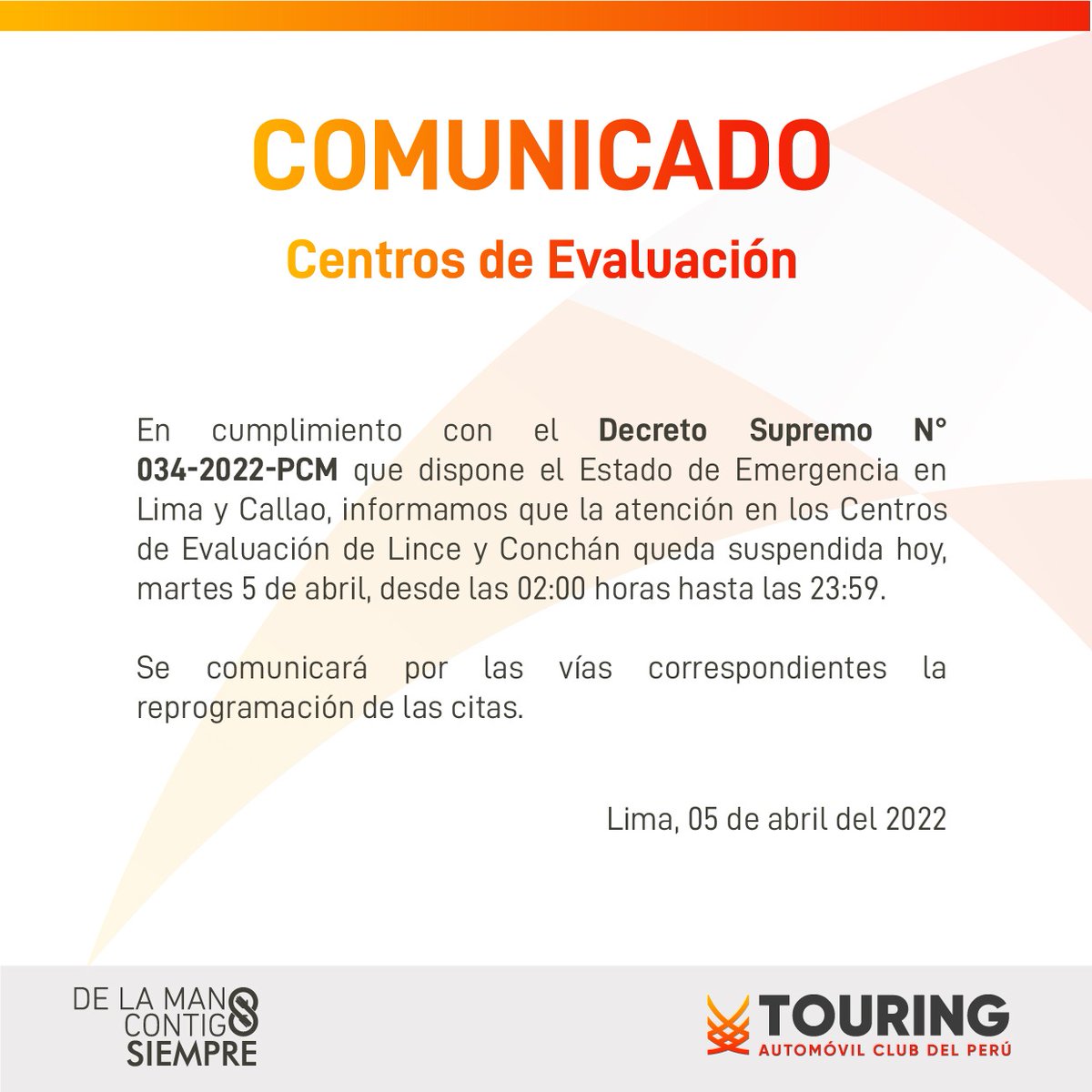 Atención postulantes‼
👉Debido al Estado de Emergencia de Inmovilización en Lima y Callao, la atención de los Centros de Evaluación de Lima y Conchán quedan suspendidas el día de hoy 05.04.
