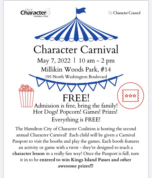 On May 7th, 10:00 a.m.-2:00 p.m. the Character Council is hosting a FREE event at Millikin Woods. Mark it on your calendar. We hope to see you there!
hamiltoncityschools.com/4/News/2370