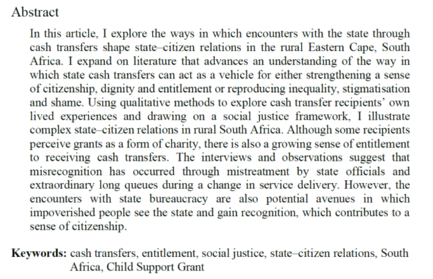 stefan_granlund's tweet photo. Happy to publish article in a special issue called Social and Gender Justice, dedicated to the late Tessa Hochfeld https://t.co/Y5tgS4TWuR
"They are not leaving without their money"-Exploring encounters with the state through cash transfers in the rural Eastern Cape, South Africa https://t.co/xZRsIMNUVg