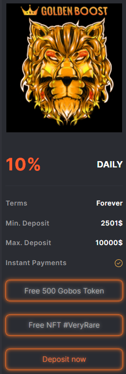 💰💰GoldenBoost [GoBOS] Next 777x Gem [ Mind Blowing Hybird Investment ]💰💰
✈️Audited &amp; KYC Backed by GoldenBost.io Platfrom
✈️Private Investment &amp; Pre-Sale Live NOW!
✈️Higgest Community make +6% to +15% Daily Profit Forever

goldenboost.io/?ref=paying