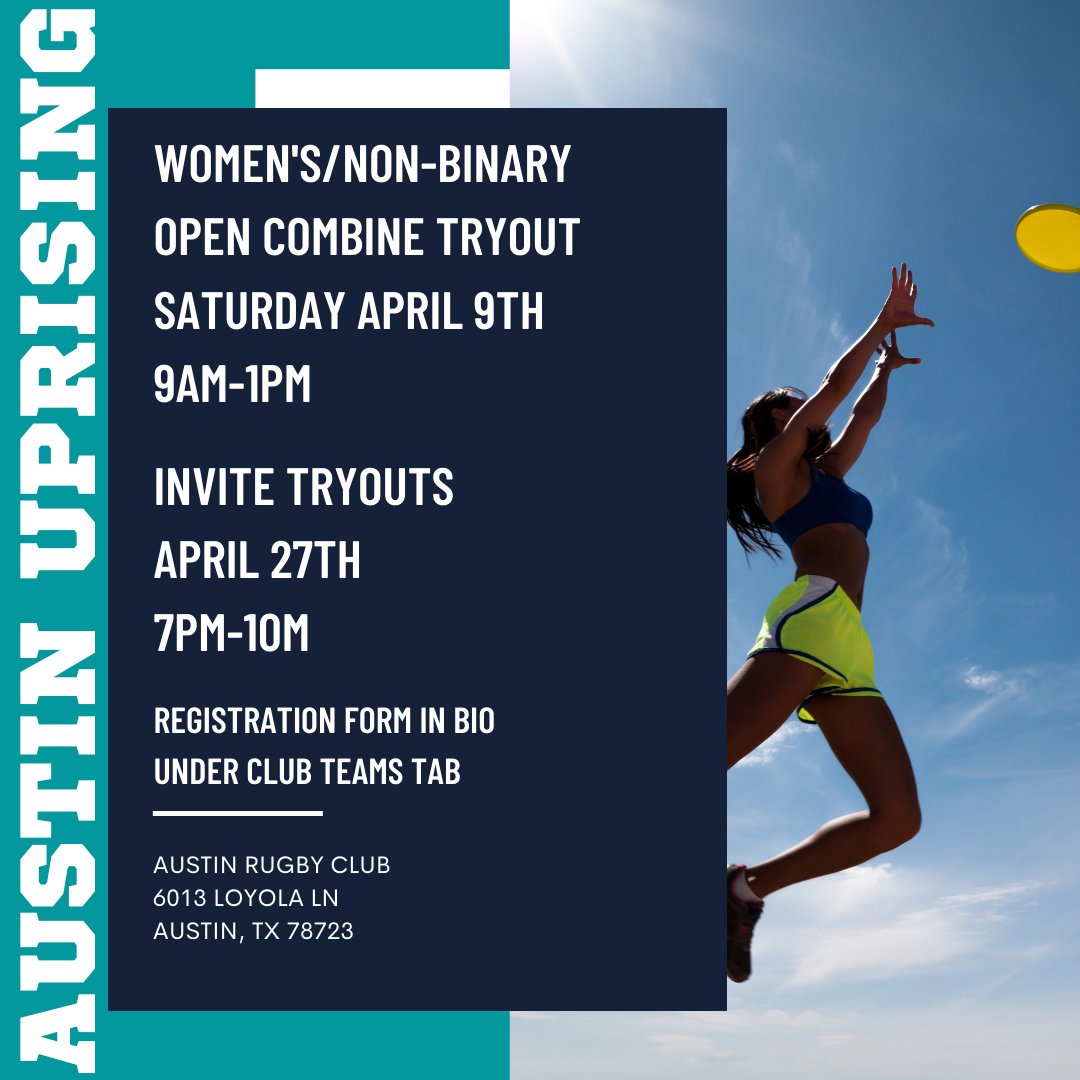 AustinUltimate's tweet photo. 🥏 THIS SATURDAY is Austin Uprising! WNB players, still time to fill out &amp; share the interest form!
🗓️ 04/09/2022 
⏰ 9AM-1PM
📍 Austin Rugby Club, 6013 Loyola Ln, ATX 
🧳Dark &amp; white jersey (no gray plz), cleats, H2O, sunscreen, your love of the game! 
💻 https://t.co/1oclztiAi5 https://t.co/ngvI53MZ5p