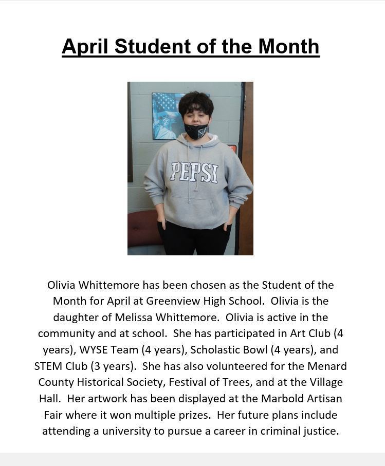 Congratulations to Olivia Whittemore, our April Student of the Month!