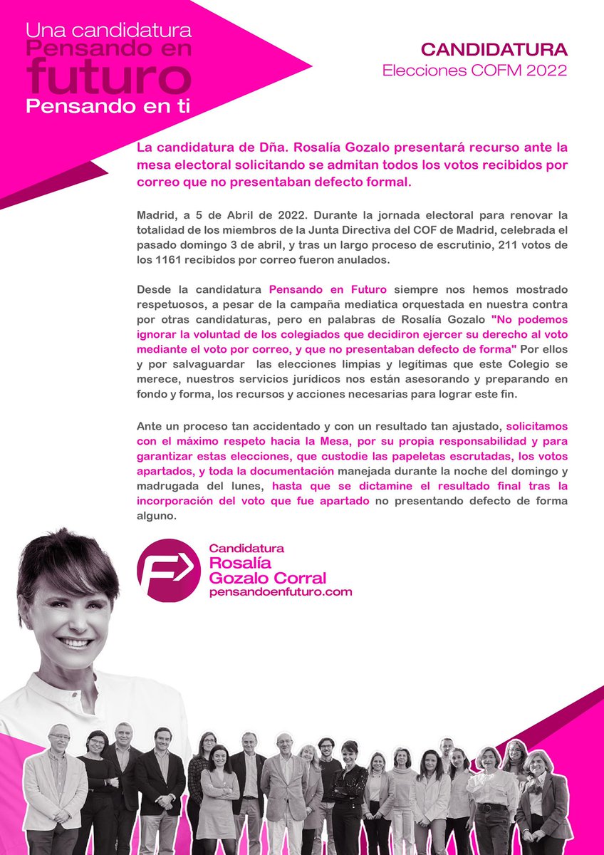Pensandoenfutu's tweet photo. Desde esta candidatura consideramos que no se ha tratado de manera igualitaria a todos los colegiados que decidieron ejercer su derecho a voto. Con el máximo respeto hacia la mesa electoral y hacia el resto de candidaturas presentamos este recurso
@RosaliaGozalo https://t.co/V7RQeXh3OW