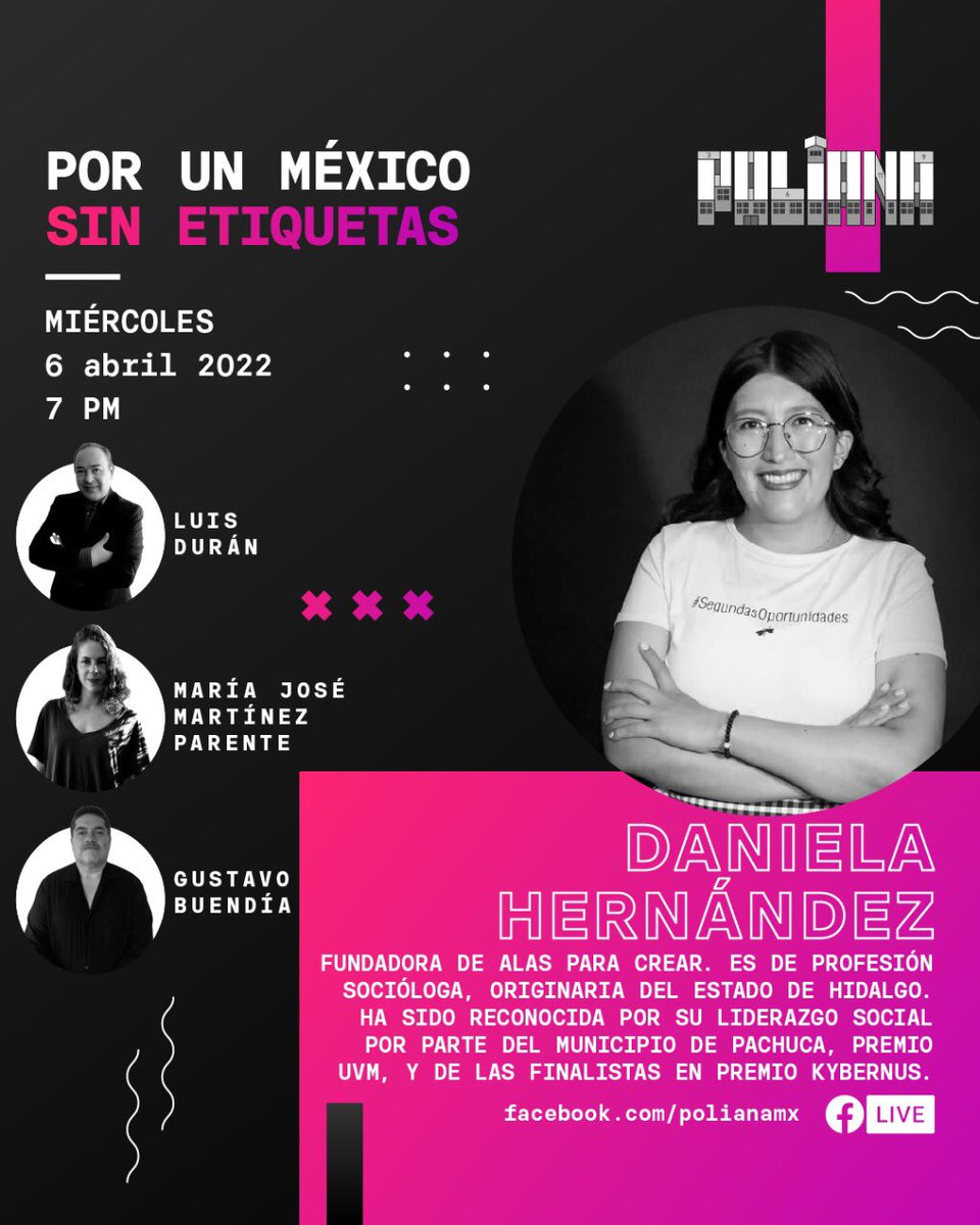 poliana_mx's tweet photo. Nos acompaña Daniela Hernández, fundadora de @AlasParaCrearAC para platicar de los programas que han realizado en pro de la reinserción social desde el estado de Hidalgo. 

¡Los esperamos!

Miércoles 6 de abril a las 7:00PM 🤩 https://t.co/jbOANXEGKC