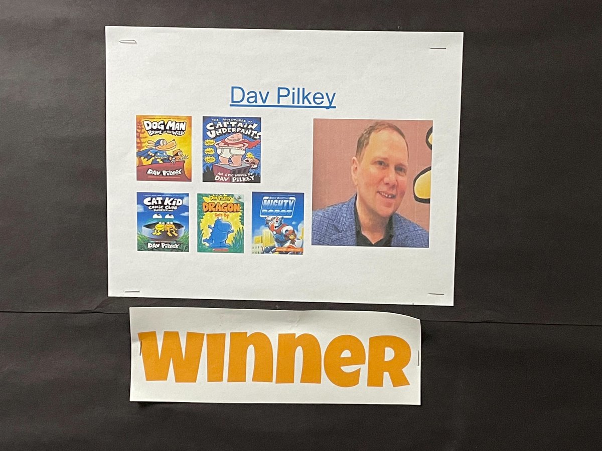 PESPandas's tweet photo. The long anticipated results are in for the winner of the PES Book Tournament: 
The Battle of the Authors winner is Dav Pilkey.  
There were 3 perfect brackets: Kudos to
Lyla Yankowy -Mrs. Pratt’s Class
Lilyanor Bounouar- Mrs. Pratt’s Class
Benjamin Alvarado - Mr. Wolf’s Class https://t.co/Aq4p5A4QF4