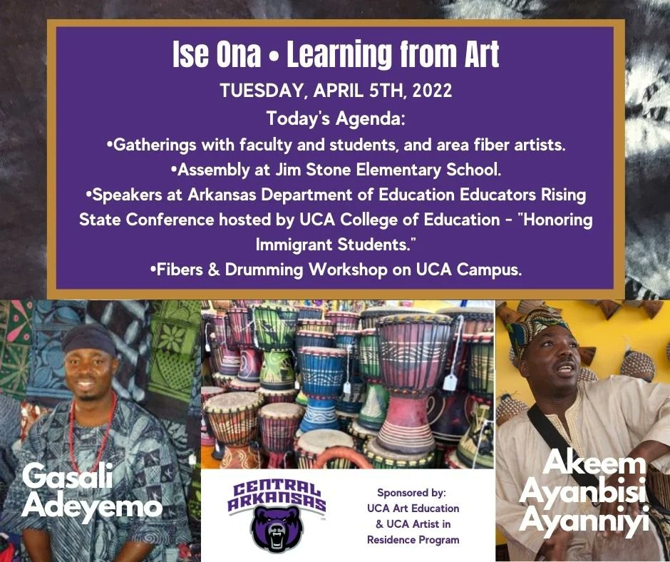 Today will be another action-packed day for  Akeem Ayanbisi Ayanniyi and Gasali Adeyemo. On their second day at UCA, these guest artists from Nigeria will lead a high-energy school assembly at Jim Stone Elementary School with the assistance of Stacy Hammons, art teacher. Join us!