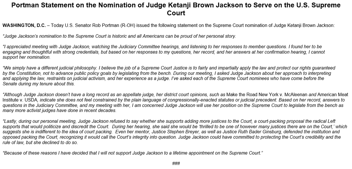 robportmanOH's tweet photo. My statement on the Nomination of Judge Ketanji Brown Jackson to serve on the U.S. Supreme Court https://t.co/W87kUyAYlA