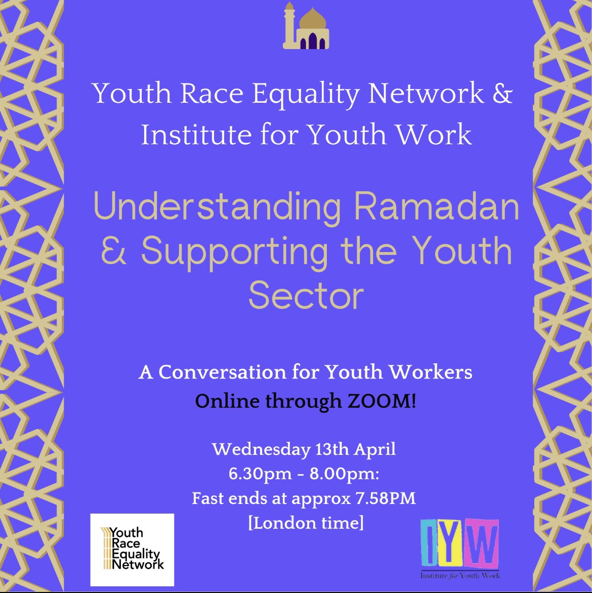 #Ramadan is a really important not only for #Muslims but for our sector

Join us in conversation over #iftar Wednesday 13th to discuss #Youthworkers role in supporting #Muslims during this important month 

#inclusion
#faith
#YouthWork

bit.ly/3O15t79