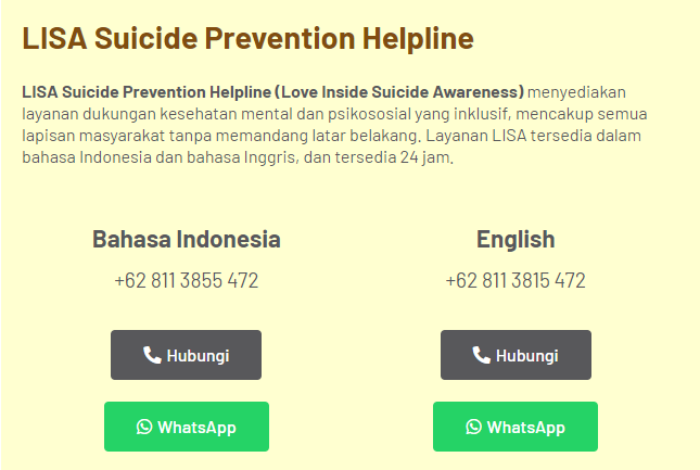 <a href="/Upil_Jaran2/">𝖀𝖕𝖎𝖑 𝖏𝖆𝖗𝖆𝖓</a> I am Trying to show that someone would always be there listening.

Suicide prevention call center by LISA. LISA always there for you 24 hours a day
Bahasa : +628113855472
English : +628113815472

Please repost, it might save someone's life. Thx