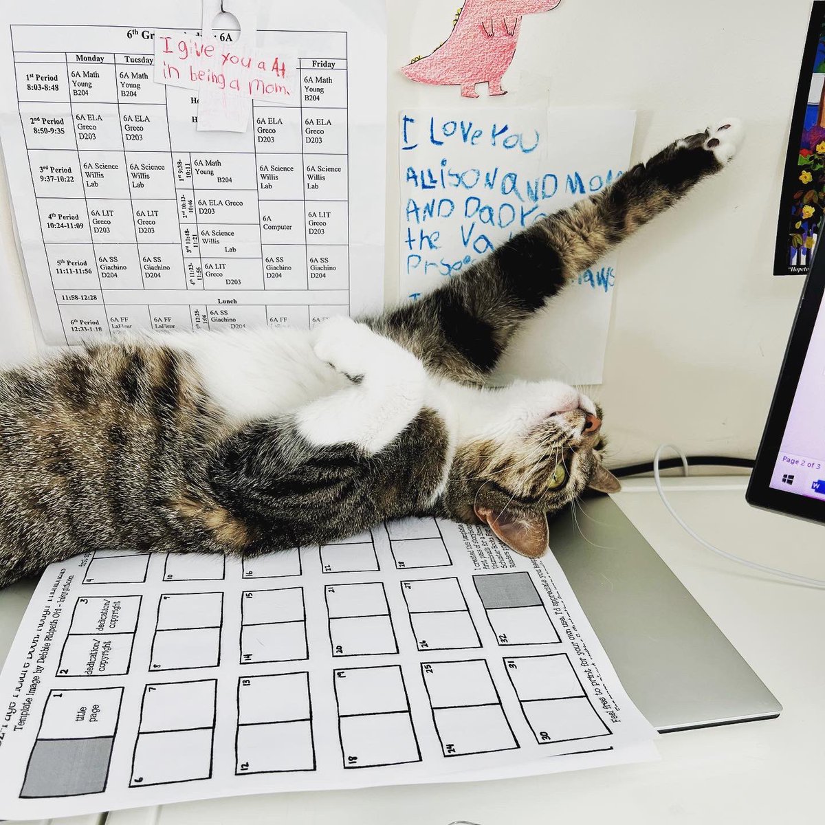 cbaileybooks's tweet photo. When you are working on revisions, and your cat decides she needs attention. And yes, that is @inkygirl ‘s PB template - best template for pagination EVER! #pbtemplate #picturebook #pagination #revisions #writereviserepeat https://t.co/470rSLvHMH