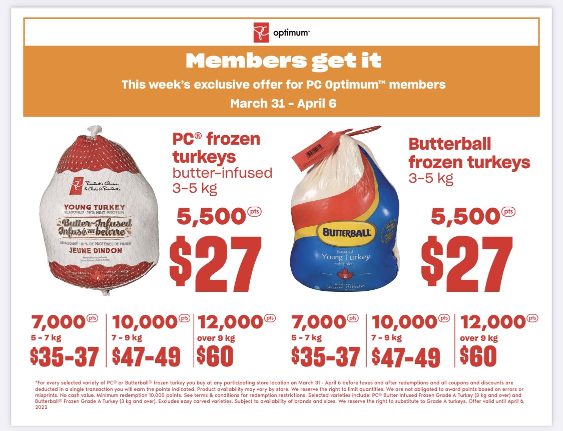 Start planning your Easter feast and collect @pc_optimum points on @butterball or @PresChoice frozen turkeys. The bigger the Turkey the more points you get. 
#turkey #membership #points #easter #feast https://t.co/5rtonyMPQH