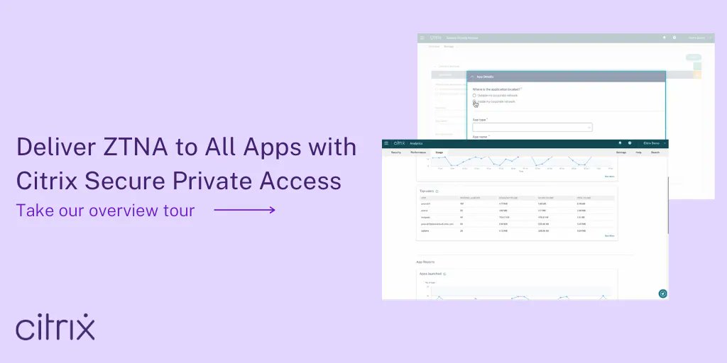 citrix's tweet photo. Curious about Citrix Secure Private Access now that it's GA?
Take our interactive tour to see how you you can deliver #ZeroTrust network access to all IT-sanctioned apps โ web, SaaS, and client-server โ whether theyโre on prem or in the cloud. https://t.co/OOyEVvdOJf https://t.co/V5UvAR6Yy6