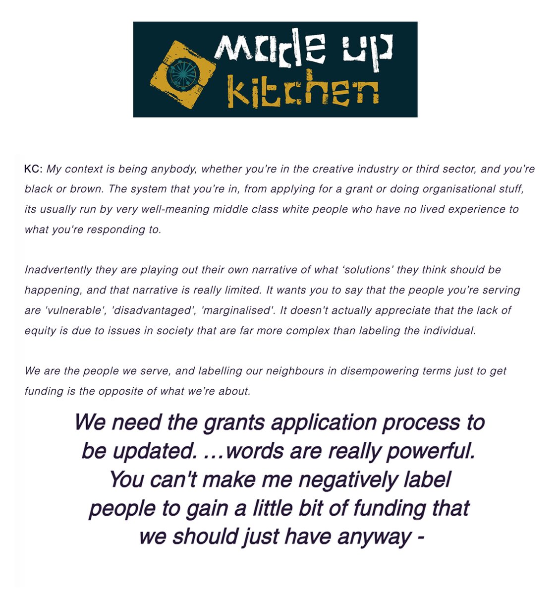 MadeUpKitchen's tweet image. Really refreshing for our Founder Kiran Chahal to speak to @oneandwe_  about our Kingsmead Community Shop, including the joys and the systemic challenges of building community led solutions to social issues