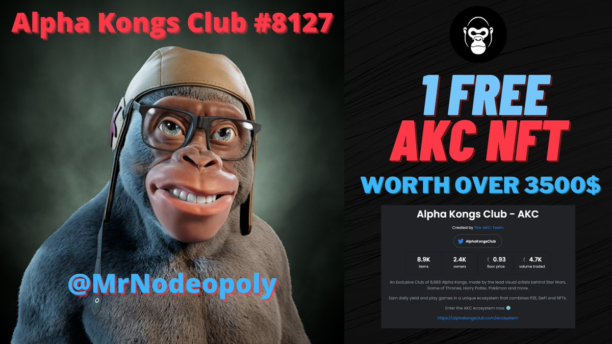 <a href="/AlphaKongsClub/">Alpha Kongs Club</a> #NFTGiveaway 
To celebrate our recent successes, I am giving away the Pictured <a href="/AlphaKongsClub/">Alpha Kongs Club</a> #NFT Worth over $3,500. 

TO Enter:
Follow <a href="/nodeopoly/">Nodeopoly</a> 
Follow <a href="/AlphaKongsClub/">Alpha Kongs Club</a> 
QUOTE Retweet &amp; Tag a Fren!

Winner Picked on Sun 17th APR 23:00 with Provable Fair Picker