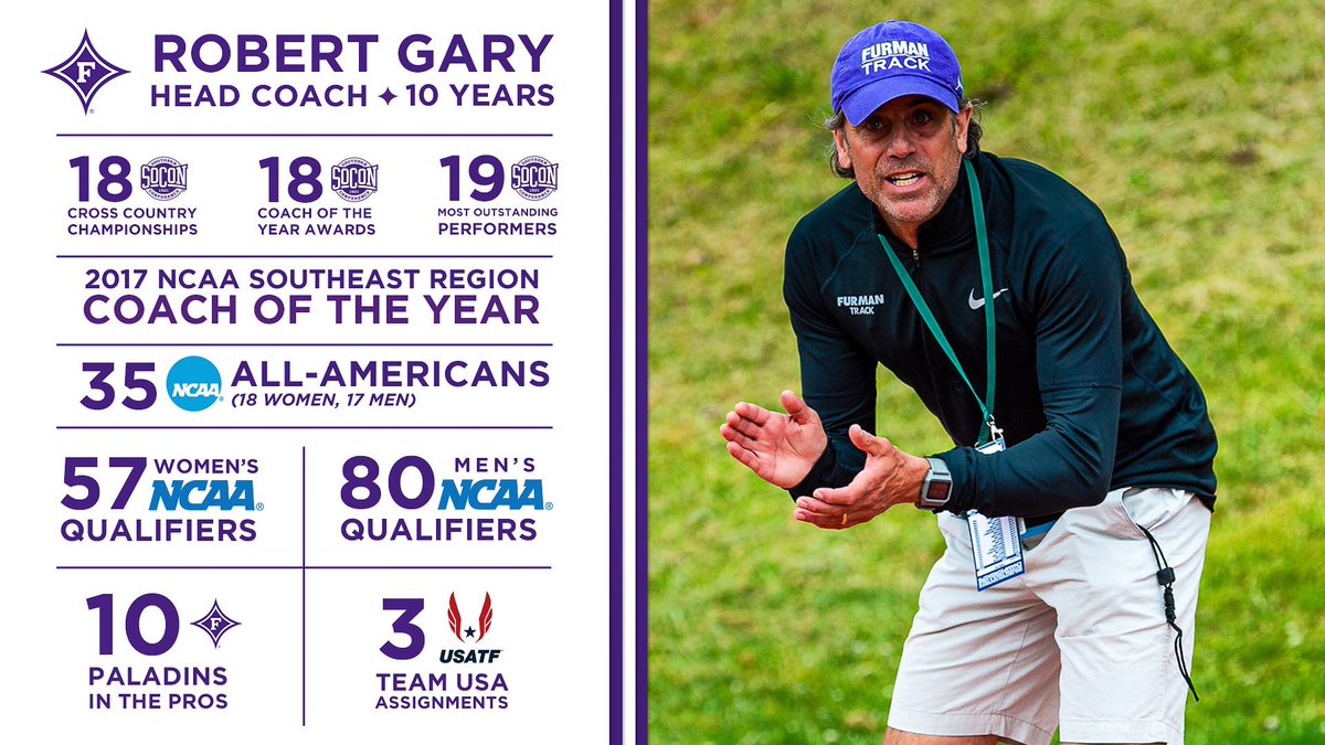 FurmanXC's tweet photo. We’re celebrating HC ROBERT GARY’S 4️⃣9️⃣th birthday &amp; his 🔟th year guiding the Furman Track &amp; XC program!

Coach Gary elevated Furman to heights few thought were possible and achieved a level of excellence unrivaled by his peers.

#HBD Coach! Let’s make the next 10 even better 😈 https://t.co/GxJbkSNTwo