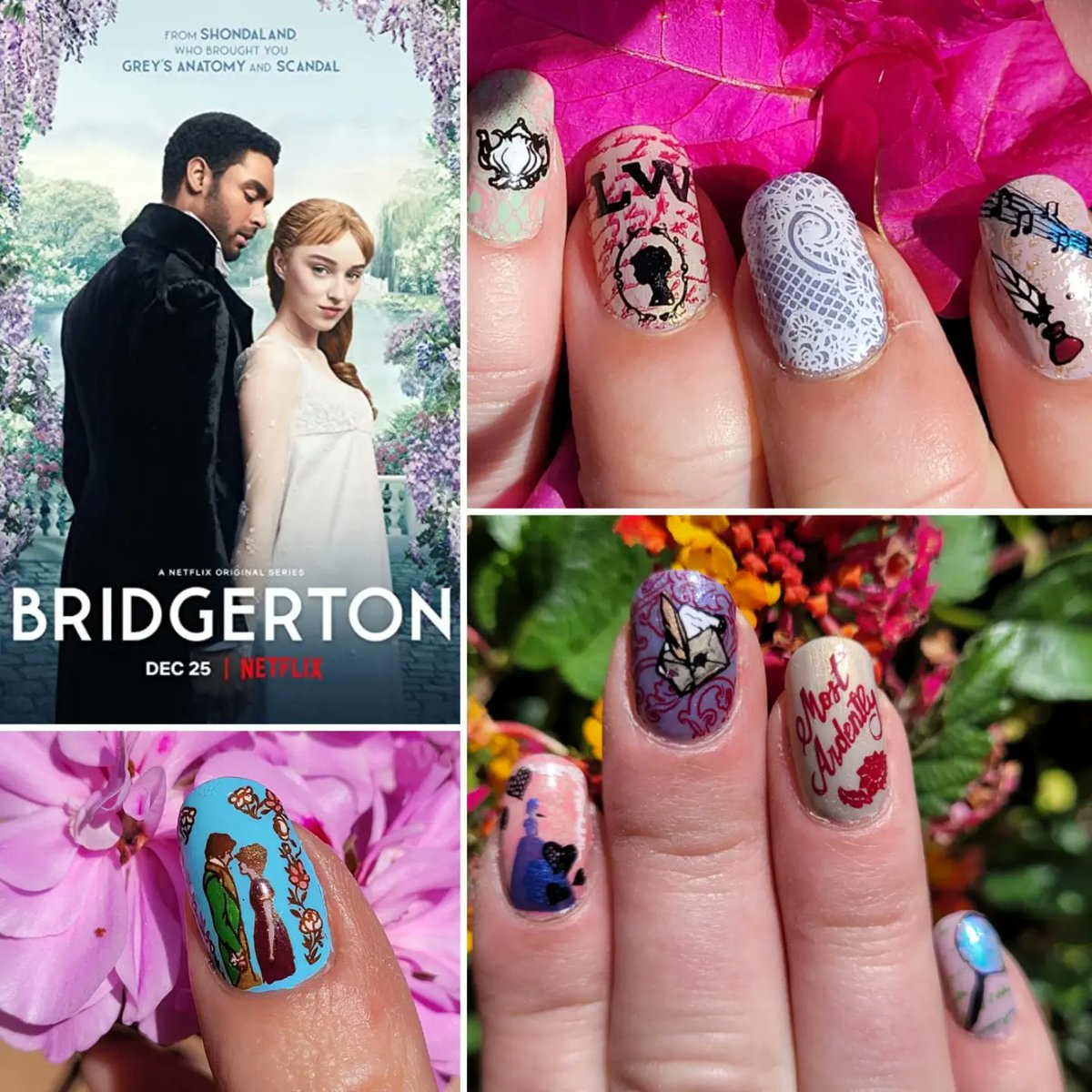brandiejune's tweet image. My #Bridgerton #nails. I am already inching for season three!
I used #Maniology plates for most of the designs.  And you can use code MYNAILS10 for 10% off their site.