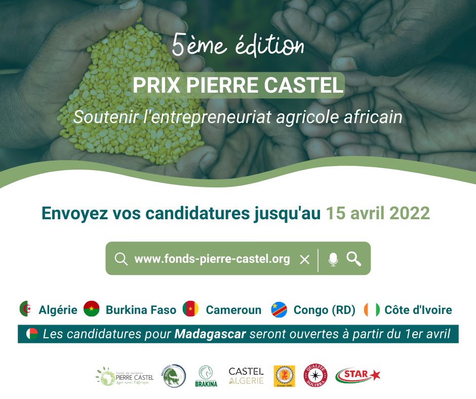 📢La 5ème édition du Prix Pierre Castel est désormais ouverte. Tentez de faire parti des heureux gagnants pour booster la croissance de votre entreprise agricole, en postulant avant 🗓️ le 15 avril 2022. 

En savoir plus ➡️ bit.ly/3r0hQ9C   

#CLEbf #Opportunité #Lwili