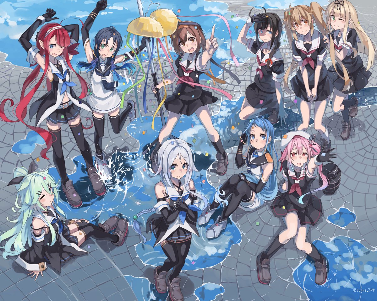 春雨(艦これ) ,江風(艦これ) ,村雨(艦これ) ,五月雨(艦これ) ,時雨(艦これ) ,白露(艦これ) ,涼風(艦これ) ,海風(艦これ) ,山風(艦これ) ,夕立(艦これ) 「1年間進水日に御付き合いいただきありがとうございました🎊 」|鉄塔🗼のイラスト