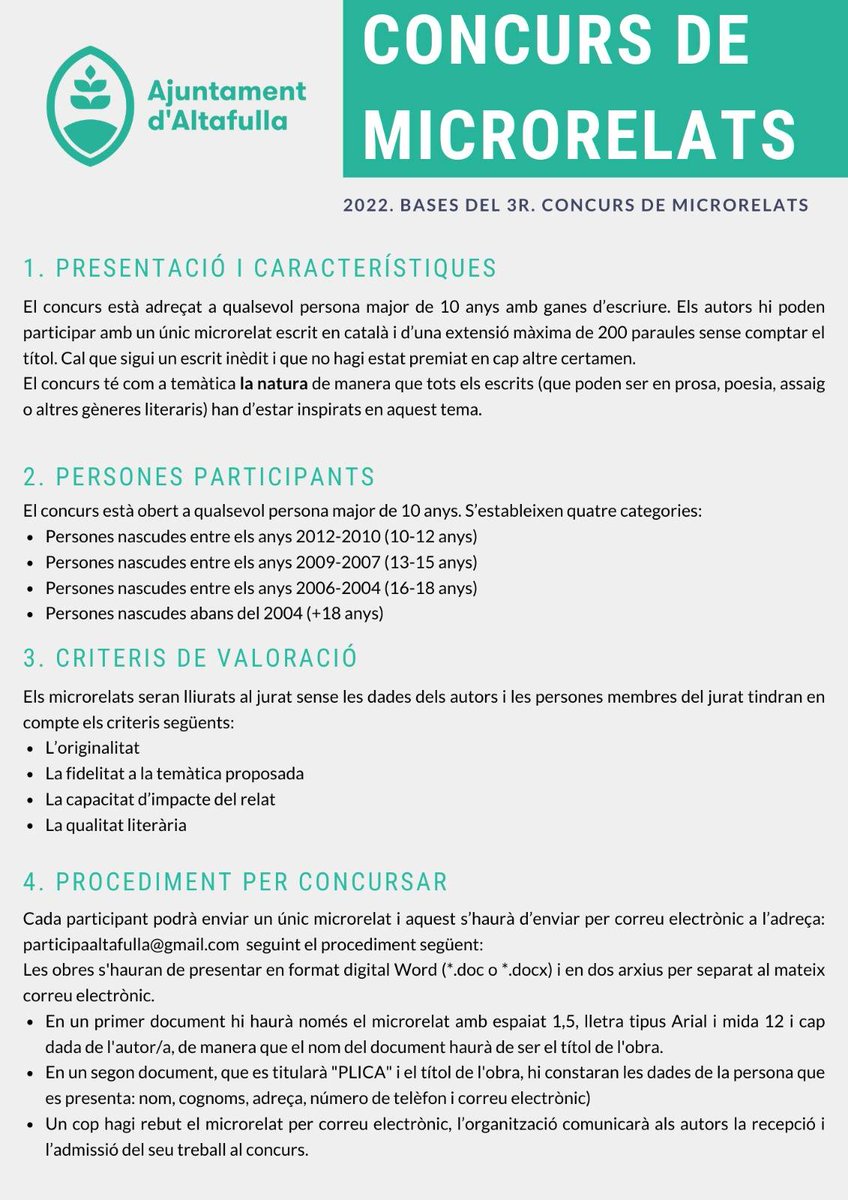 ajAltafulla's tweet photo. 🔴 Concurs de Microrelats 2022

👉 Consulta les bases 😎

https://t.co/jsUDyXjT1q https://t.co/EcmyoUWyzO
