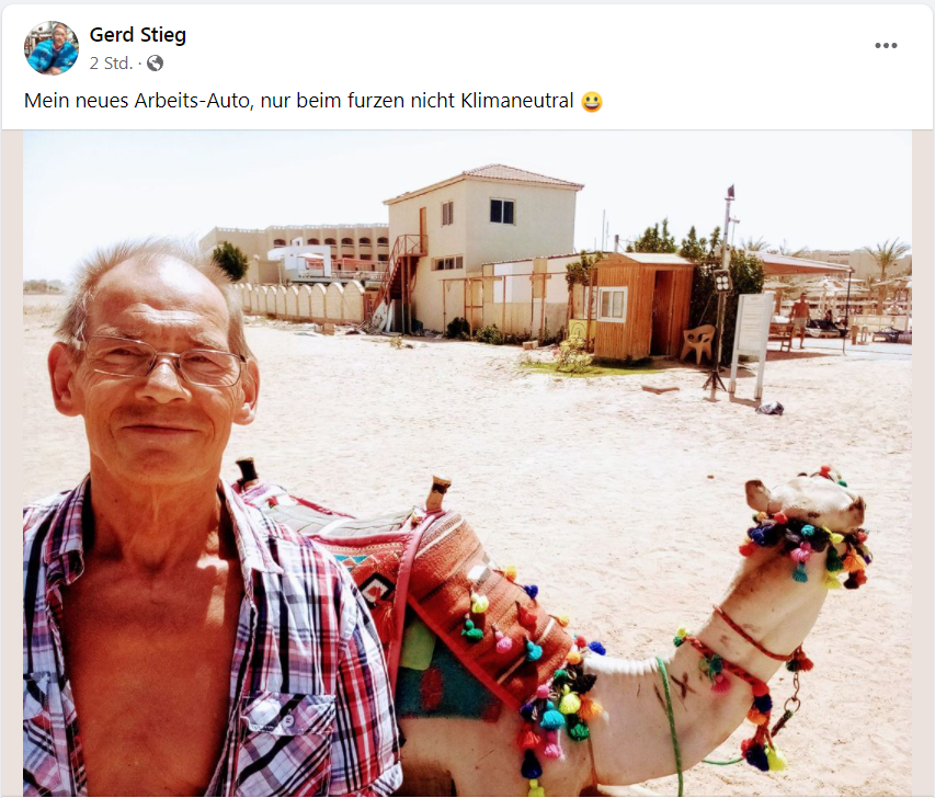 Stefan_K__'s tweet photo. Gerd #Stieg, Kreisvorstand #AfD #Brandenburg an der #Havel hat das Benzinpreisproblem gelöst. Es müssen nur alle Rechtspopulisten auf Kamele umsteigen. 😁 https://t.co/vrr1OVuG4O