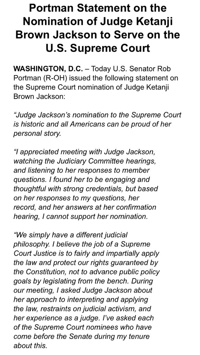 karenkasler's tweet photo. Ohio's Republican @senrobportman will oppose Judge Ketanji Brown Jackson's appointment to the US Supreme Court: "I am concerned Judge Jackson will use her position on the Supreme Court to legislate from the bench as many more activist judges have done in recent decades." https://t.co/agv7KUhs2v