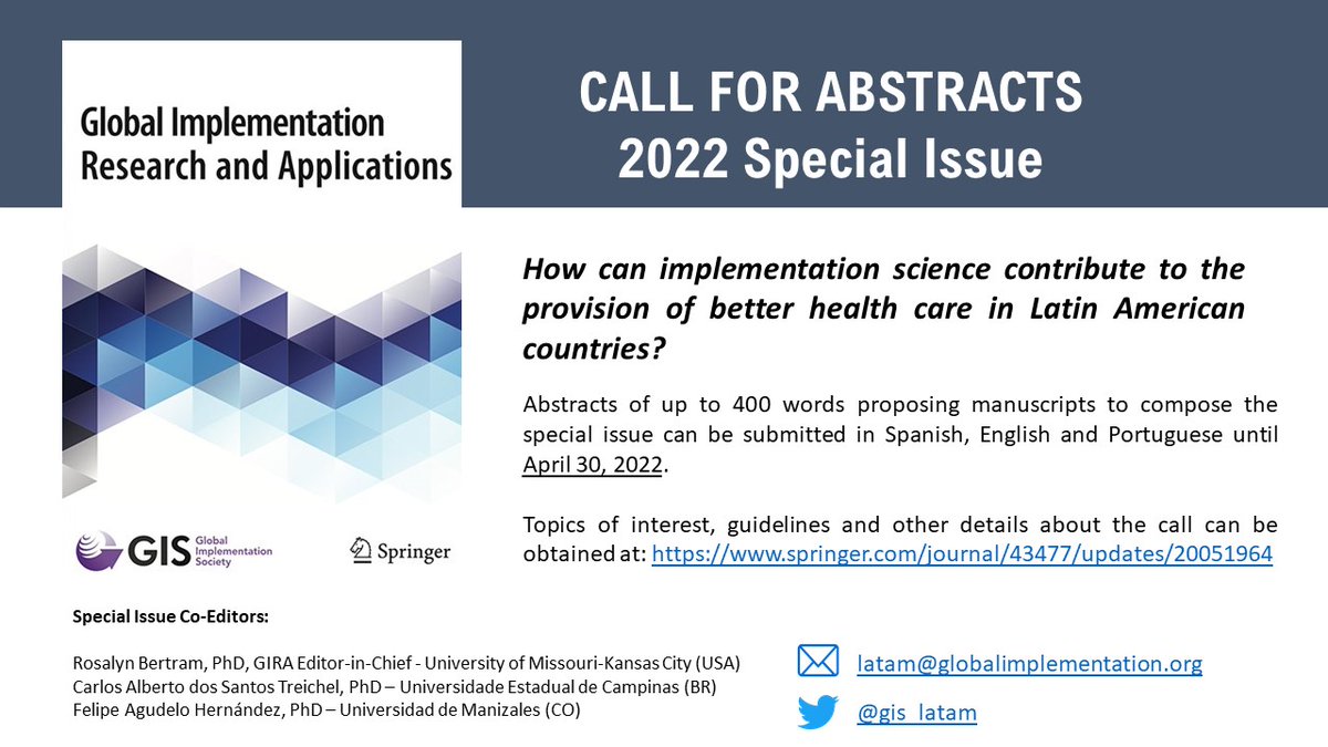 TreichelCarlos's tweet photo. So excited about this special issue dedicated to exploring Implementation Research in Latin America. Attention to the abstract submission deadline: April 30, 2022. #impsci https://t.co/HaVNrmxx23