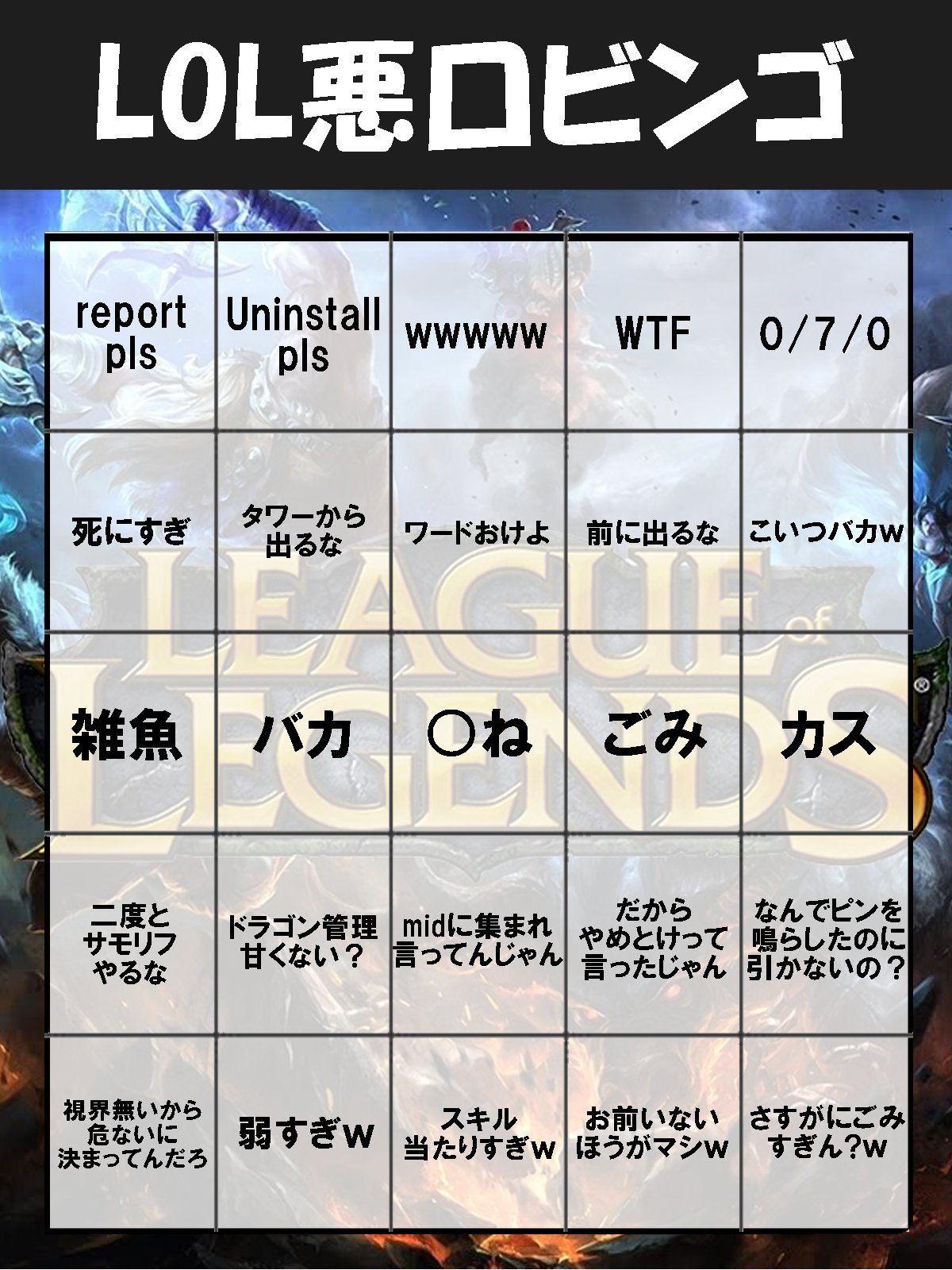 新風みこ Tft Lolやっていると悪口言われすぎて頭おかしくなりそうだから 悪口言われるほどビンゴが揃う 遊びを思いついた 悪口を言われなければアド 悪口も言われてもアド T Co Mog0loahjj Twitter