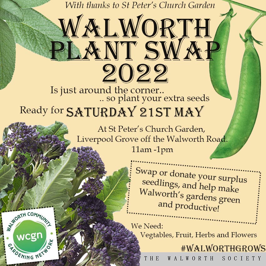 Date for the diary! Great to be teaming up again this year with @CgnWalworth for our now annual Plant Swap. So...St Peter's Church Garden (thanks once again to @StPeterWalworth) 11am to 1pm Saturday 21st May. All very welcome!