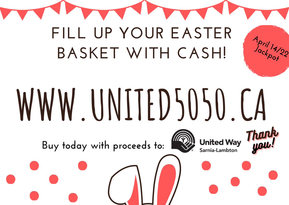 The time is now to get your united5050.ca jackpot tickets! Buy now to support United Way of Sarnia-Lambton.  Easter Jackpot deadline is April 14/22 11:59PM. #UnitedWaySarLam