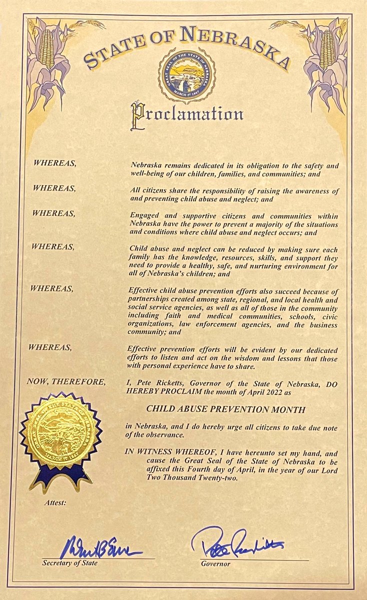 NE_Children's tweet photo. We're glad @GovRicketts & Lt. Governor Foley declare April NE #ChildAbusePreventionMonth. Director Stephanie Beasley & Emily Kluver from @NEDHHS & our CEO Mary Jo Pankoke accept the proclamation for #BringUpNebraska. We help positive childhood experiences take root! https://t.co/E0RYuUDbui