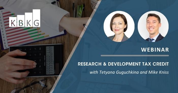 KBKG's tweet photo. Join our upcoming live webinar to gain more information about the fundamentals of the Research and Development (R&amp;D) Tax Credit. This webinar will be presented by our Senior Manager, Tetyana Guguchkina, and Manager, Mike Kniss.

Register today: https://t.co/x5PjAet9pD https://t.co/glRNNr8LiT