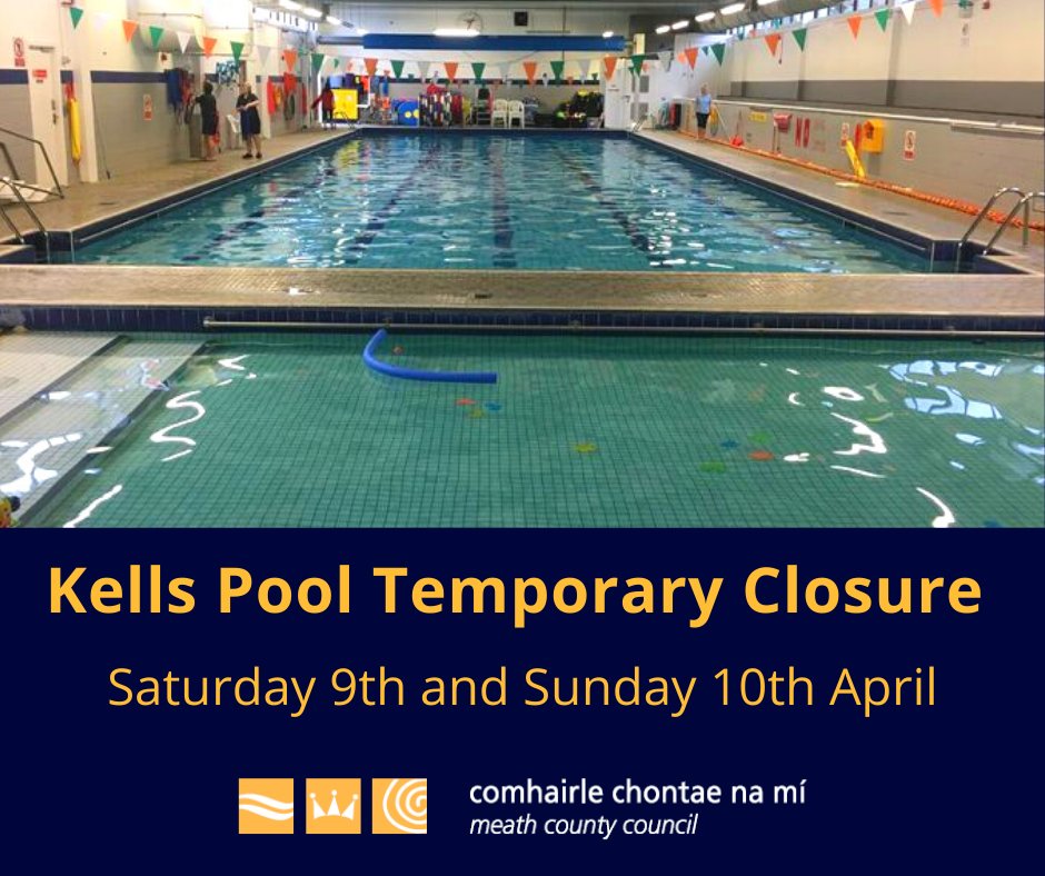 Due to Covid related staff shortages, Kells Pool will be closed for public swimming on Saturday 9th and Sunday 10th April.

Normal hours will resume on Monday 11th April.

Apologies for inconvenience and thank you for your co-operation.
