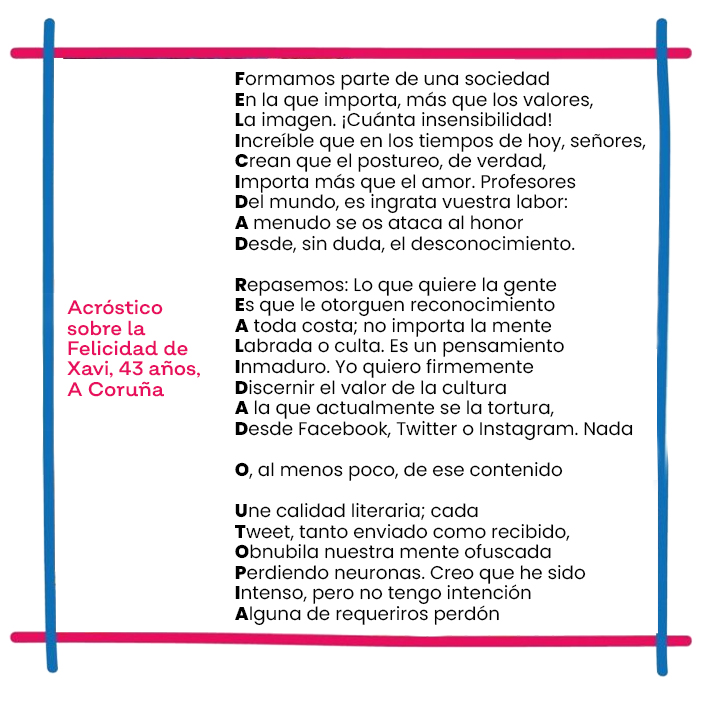 Aspanaes's tweet photo. A Xavi le encantan los #acrósticos y con éste que os compartimos hoy, se suma a las celebraciones del #diamundialautismo haciendo una reflexión sobre la felicidad. 
#somosTEA #somosAspanaes #hazfeliz #dma #dma22 #autismo @autismogalicia @autismo_espana https://t.co/1Q9a6BTOC6